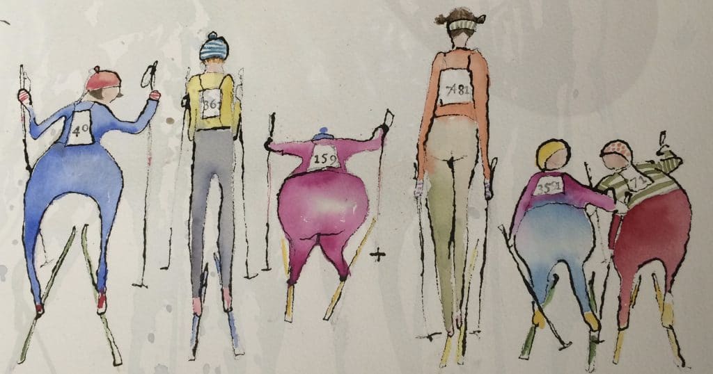 Akvarellmålning, sex stycken kvinnliga vasaloppsåkare står redo för start med nummerlappar och färgglada overaller